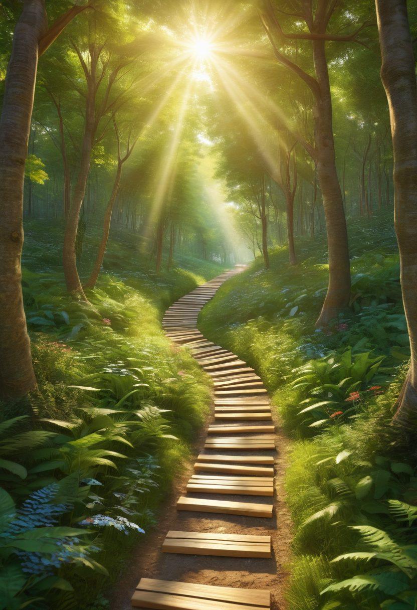 A serene landscape depicting a winding path through a lush forest, where vibrant books float above the path, symbolizing knowledge and truth. Soft rays of sunlight filter through the trees, illuminating the way forward. Diverse individuals of different ages and backgrounds walk together, exchanging ideas and smiles, representing community and collaboration in education. super-realistic. vibrant colors. 3D.