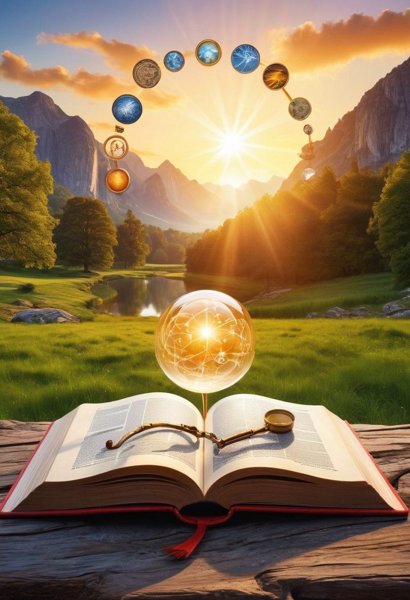 An open book radiating light, surrounded by glowing icons of symbols representing knowledge: a brain, a magnifying glass, and a balanced scale. In the background, a serene landscape with a rising sun symbolizing enlightenment, and paths leading to multiple diverse sources of information. The scene should evoke curiosity and wisdom, blending realism with a touch of whimsy. super-realistic. vibrant colors. tranquil background.
