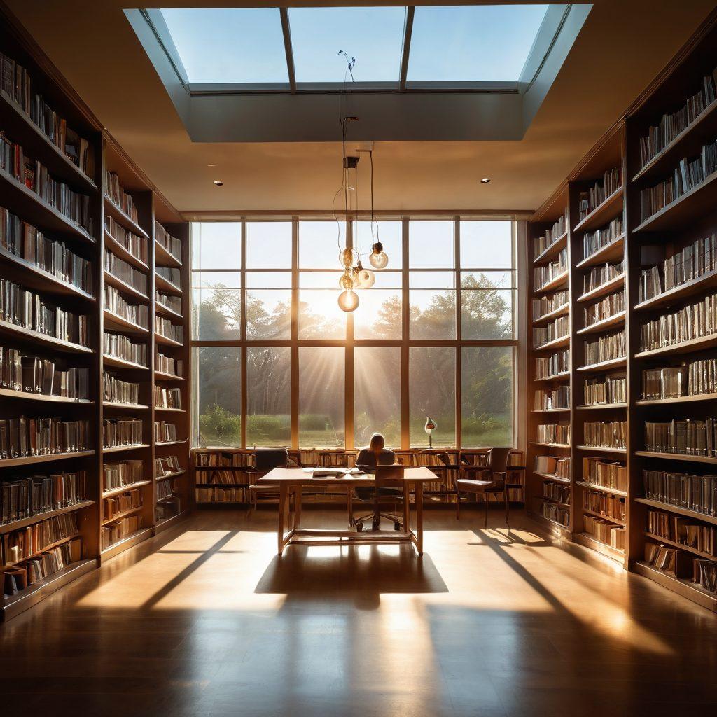 A serene library setting with a glowing open book at the center, surrounded by floating lightbulbs symbolizing ideas and inspiration. Soft rays of sunlight streaming through large windows illuminate a diverse group of people deeply engaged in thoughtful discussions. Shelves filled with various insightful resources in the background. The atmosphere conveys empowerment and curiosity. warm tones. super-realistic. vibrant colors.